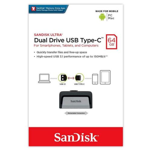 USB 3.1 Flash Disk SanDisk Dual Drive USB C 64GB 150 MB/s Ασημί