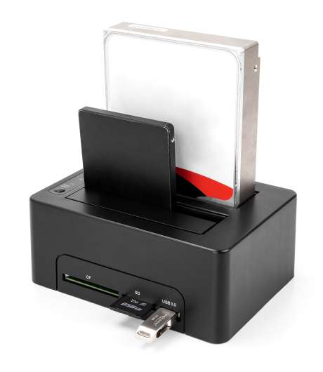 DELOCK docking station για 2.5 ή 3.5 SATA HDD/SSD 64183, 2 θέσεων, με card reader, 5Gbps, clone function, μαύρο 64183