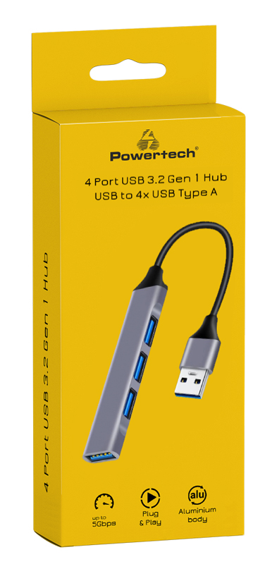 POWERTECH USB hub PT-1114, 4x θυρών, 5Gbps, USB σύνδεση, γκρι PT-1114