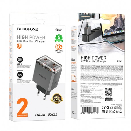 Borofone BN21 PD 40W Wall Adapter Charger 2Usb-C Lena/Grey