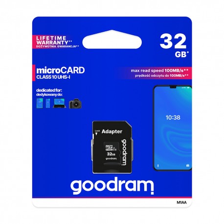 Goodram MicroSD Card 32GB+Adapter Class 10 Up to 100MB/s