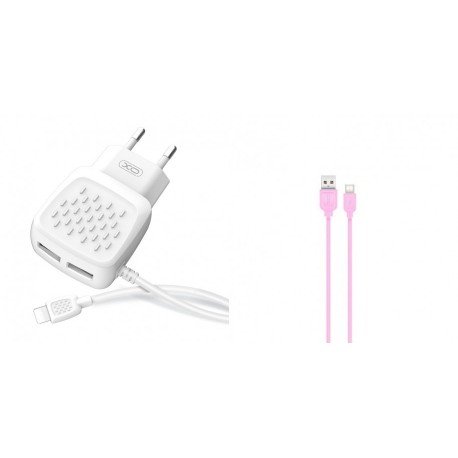 XO L51 Walll Adapter 2Usb+Lightning Cable 2.1A White+XO NB36 Usb/Lightning DataCable 2.1A 1m Pink