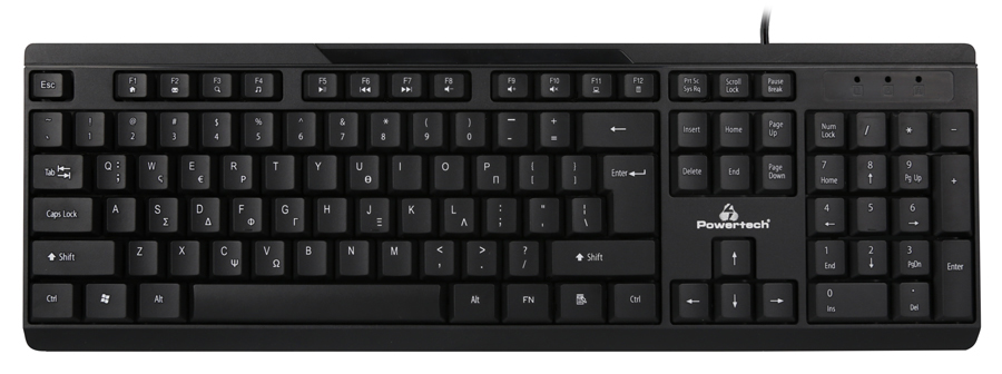 POWERTECH πληκτρολόγιο PT-1069, ενσύρματο, multimedia, EN/GR, μαύρο PT-1069