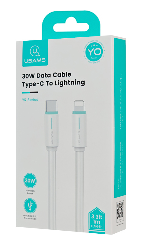USAMS καλώδιο Lightning σε USB-C US-SJ735, 30W, 480Mbps, 1m, λευκό SJ735USB02