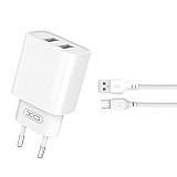 XO TRAVEL CHARGER CE02C 2 PORTS 2.1A + DATA CABLE MICRO USB white