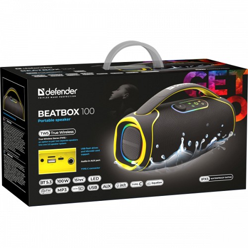 DEFENDER PORTABLE BLUETOOTH SPEAKER BEATBOX 100 black BT/FM/USB/TF/AUX/Light