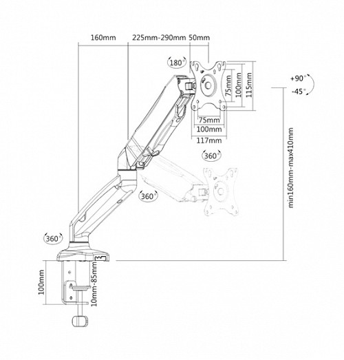 BRATECK βάση γραφείου Gas Spring για οθόνες 17 - 32, 2-10kg LDT13-C012