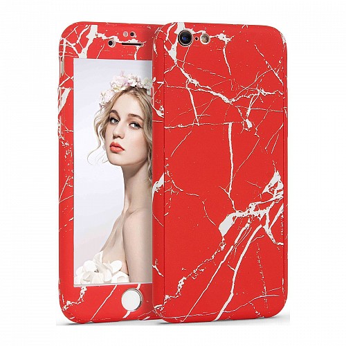 360 Full Cover Marble & Temp.Glass iPhone 6/6s Plus MC12 Red