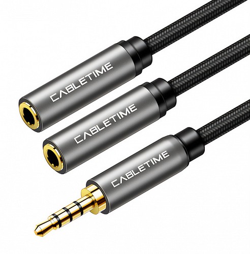 CABLETIME καλώδιο ήχου 3.5mm σε 2x 3.5mm CT-P12G4P, 4-pole, 20cm, μαύρο 5210131039366