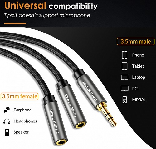 CABLETIME καλώδιο ήχου 3.5mm σε 2x 3.5mm CT-P12G, 3-pole, 20cm, μαύρο 5210131039359