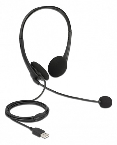 DELOCK headphones με μικρόφωνο 27179, stereo, USB, volume control, μαύρα 27179