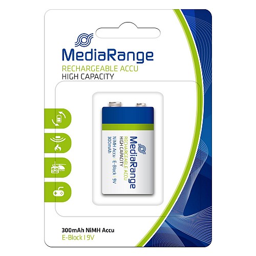MediaRange High Capacity Rechargeable NiMH Accu E-Block|6HR61/HR22|9V  (MRBAT124)