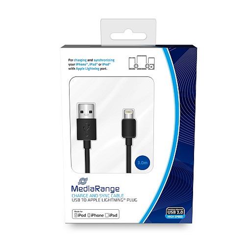 Καλώδιο MediaRange Charge and sync, USB 2.0 to Apple Lightning® plug, 3.0m, black (MRCS180)