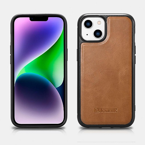 iCarer WMI14220717 iPhone 14 Genuine Leather TPU Back Cover Light Brown