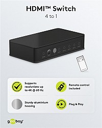 GOOBAY HDMI switch 58489 με τηλεχειριστήριο, 4 σε 1, 4K/60Hz, μαύρο 58489