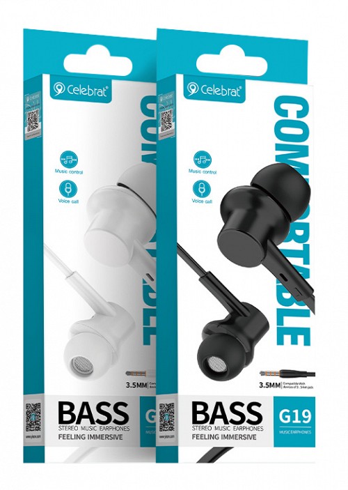 CELEBRAT earphones με μικρόφωνο G19, 3.5mm σύνδεση, Φ10mm, 1.2m, λευκά CL-G19-WH