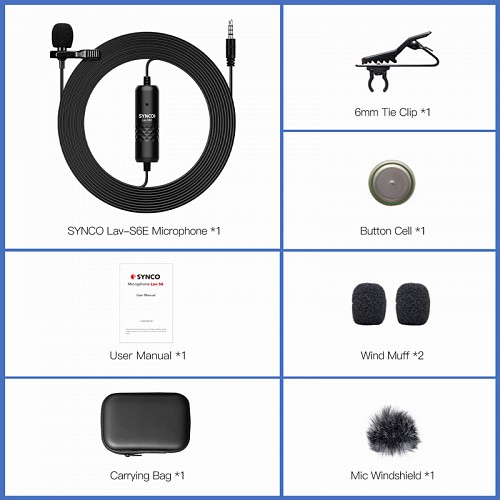 SYNCO μικρόφωνο Lav-S6E με clip-on, omnidirectional, 3.5mm, 6m, μαύρο SY-S6E-LAV