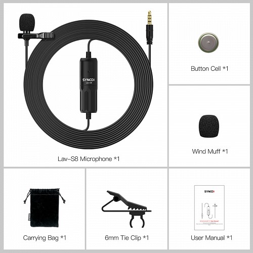 SYNCO μικρόφωνο Lav-S8 με clip-on, omnidirectional, 3.5mm, 8m, μαύρο SY-S8-BK