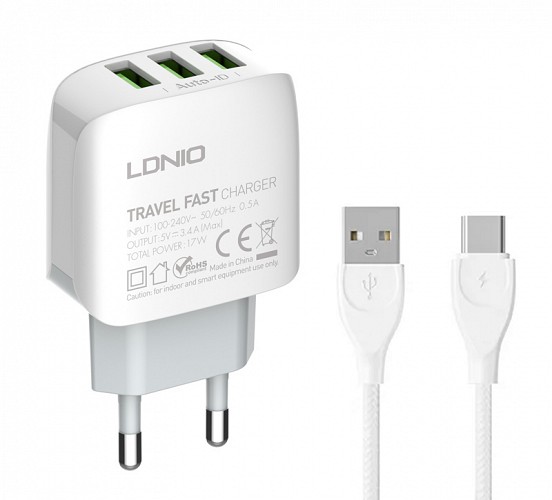 LDNIO φορτιστής τοίχου A3312 με καλώδιο USB-C, 3x USB, 17W, λευκός 6933138691069