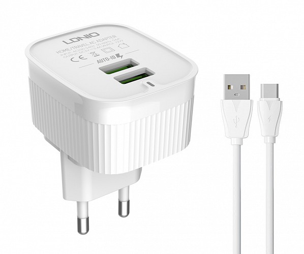 LDNIO φορτιστής τοίχου A201 με καλώδιο USB-C, 2x USB, 12W, λευκός 6933138690215