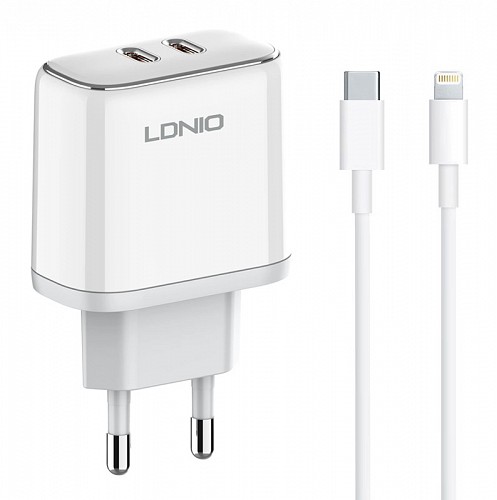 LDNIO φορτιστής τοίχου A2528M με καλώδιο, 2x USB-C, 35W, MFi, λευκό 6933138700280
