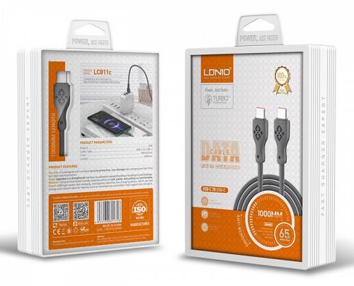 LDNIO καλώδιο USB-C σε USB-C LC811C, 65W PD, 1m, γκρι 6933138601358