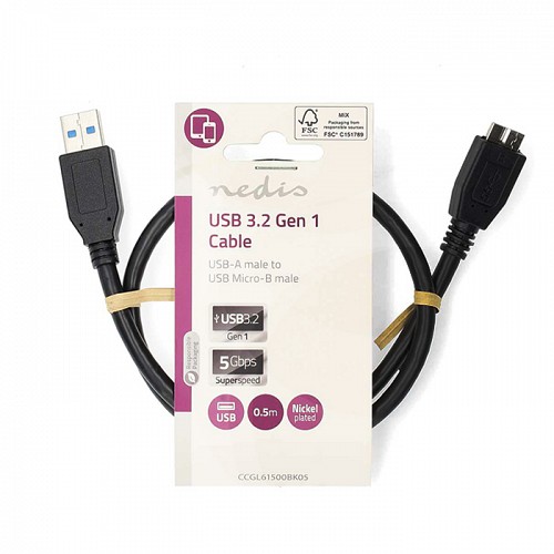 Kαλώδιο USB 3.2 Gen 1x1 A αρσ. - USB Micro B αρσ., 0.50m, σε μαύρο χρώμα NEDIS CCGL61500BK05