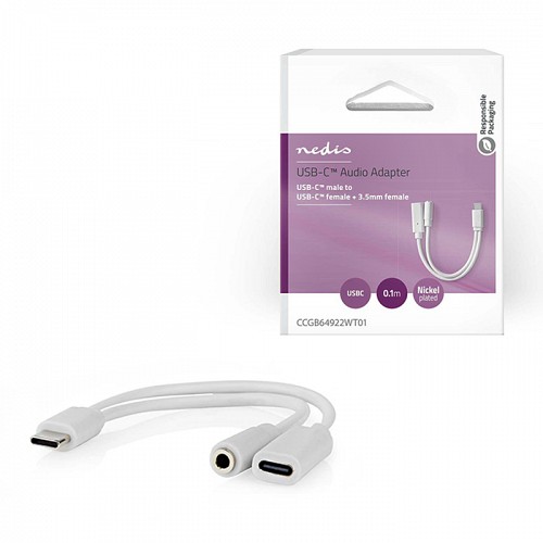 Καλώδιο-αντάπτορας USB High-Speed Type-C αρσ. - USB Type-C θηλ. / 3.5mm θηλ., 0.10m, σε λευκό χρώμα NEDIS CCGB64922WT01