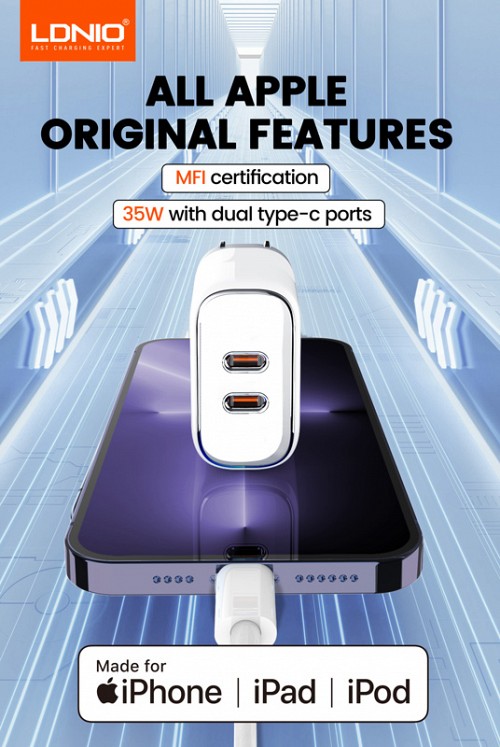 LDNIO φορτιστής τοίχου A2528M με καλώδιο, 2x USB-C, 35W, MFi, λευκό 6933138700280
