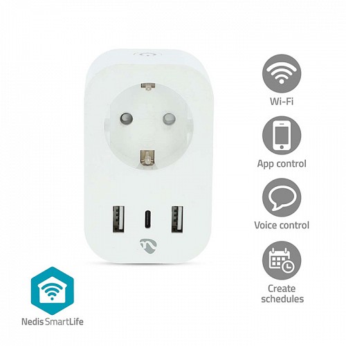 Wi-Fi Smart πρίζα με 3 θύρες φόρτισης USB και μετρητή κατανάλωσης ενέργειας, 3680W NEDIS WIFIP151FWT