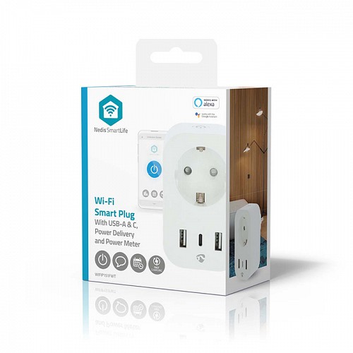 Wi-Fi Smart πρίζα με 3 θύρες φόρτισης USB και μετρητή κατανάλωσης ενέργειας, 3680W NEDIS WIFIP151FWT