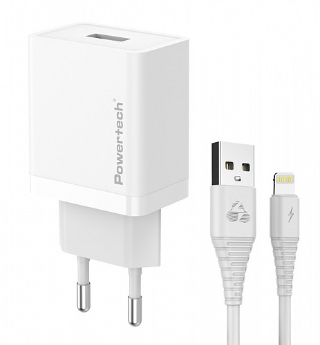 POWERTECH φορτιστής τοίχου PT-1323 με καλώδιο Lightning, USB, 12W, λευκός PT-1323