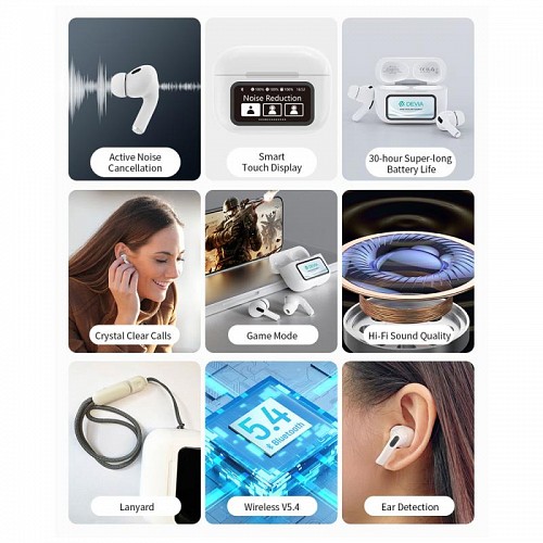 True Wireless Ακουστικά Bluetooth Devia ANC EM062 Pro2 με Οθόνη Λευκό