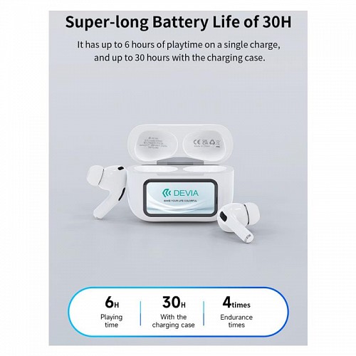 True Wireless Ακουστικά Bluetooth Devia ANC EM062 Pro2 με Οθόνη Λευκό