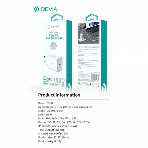 Φορτιστής Ταξιδίου Ταχείας Φόρτισης Devia GS-W45A0948 45W με Έξοδο USB C PD Rocket Λευκό