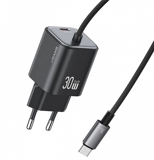 USAMS φορτιστής τοίχου CC264 με καλώδιο, USB-C, 30W, GaN, μαύρος CC264TC01