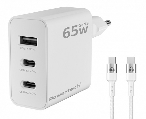 POWERTECH φορτιστής τοίχου PT-1378 με καλώδιο, USB/2x USB-C, 65W, GaN, λευκός PT-1378