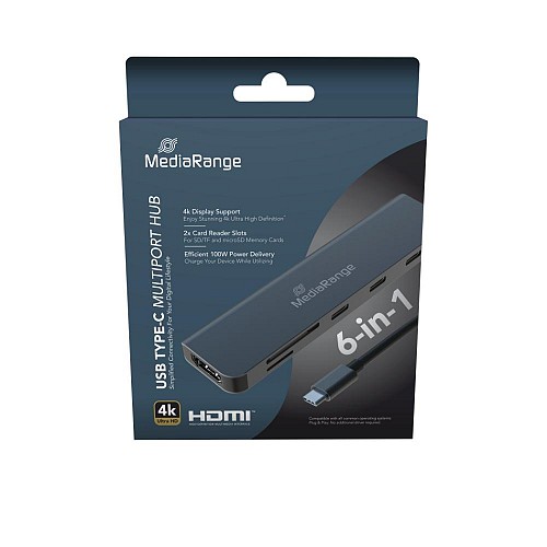MediaRange USB Type-C® 6-in-1 multiport adapter, silver (MRCS519)