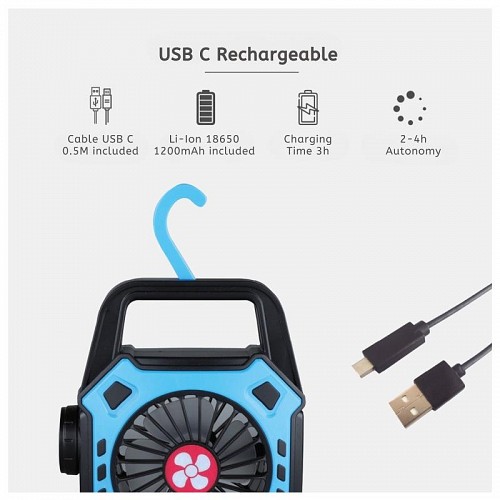 Ανεμιστήρας Κάμπινγκ Niaros Stawell USB 4W με Φακό LED 180lm Μπλε