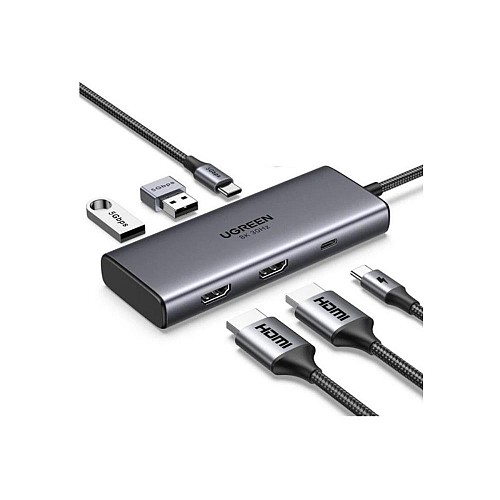 Ugreen Adapter 6w1 CM498 Hub USB do 2x USB-A 3.0 USB-C 3.0 2xHDMI PD (15852) (UGR15852)
