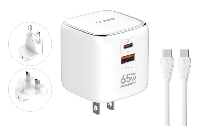 LDNIO φορτιστής τοίχου Q2617 με καλώδιο USB-C, EU/UK/US βύσμα, USB/USB-C, 65W, GaN, λευκός 6933138602836
