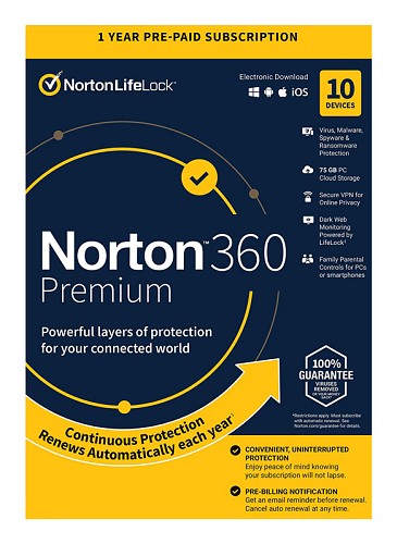 NORTON Antivirus 360 Premium ESD, 10 συσκευές, 75GB cloud, 1 έτος N360-ESD-3