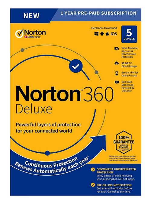 NORTON Antivirus 360 Deluxe ESD, 5 συσκευές, 50GB cloud, 1 έτος N360-ESD-2