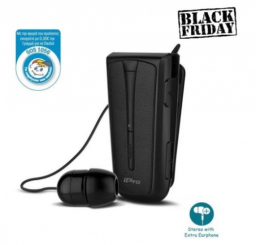 Στερεοφωνικό Ακουστικό Bluetooth iPro RH219s Retractable με Δόνηση Μαύρο