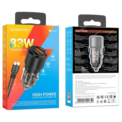 Borofone Φορτιστής Αυτοκινήτου Μαύρος BZ20A 83W USB-C (65W) & USB-A(18W)
