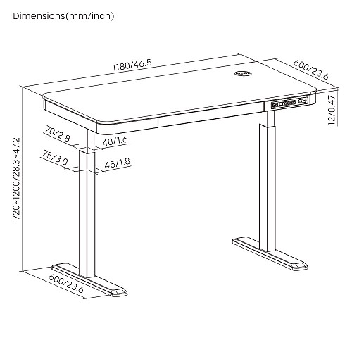 BRATECK ηλεκτρικό γραφείο S08-22DSWW με συρτάρι, 118x60x72~120cm, μαύρο S08-22DSWW-BK