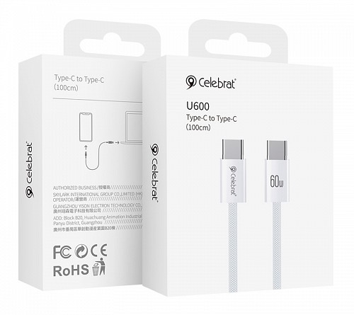 CELEBRAT καλώδιο USB-C U600, 60W, 480Mbps, 1m, λευκό U600-WH