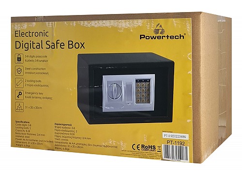 POWERTECH χρηματοκιβώτιο ασφαλείας PT-1192, ψηφιακό κλείδωμα, 31x20x20cm, 6.5kg PT-1192