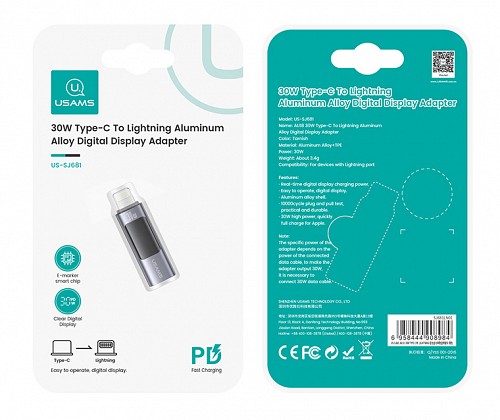 USAMS αντάπτορας Lightning σε USB-C US-SJ681 με οθόνη, 30W, γκρι SJ681LN01