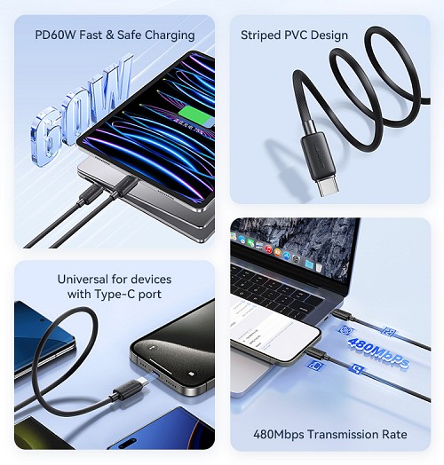 USAMS καλώδιο USB-C σε USB-C US-SJ691, 60W, 480Mbps, 1m, ροζ SJ691USB04
